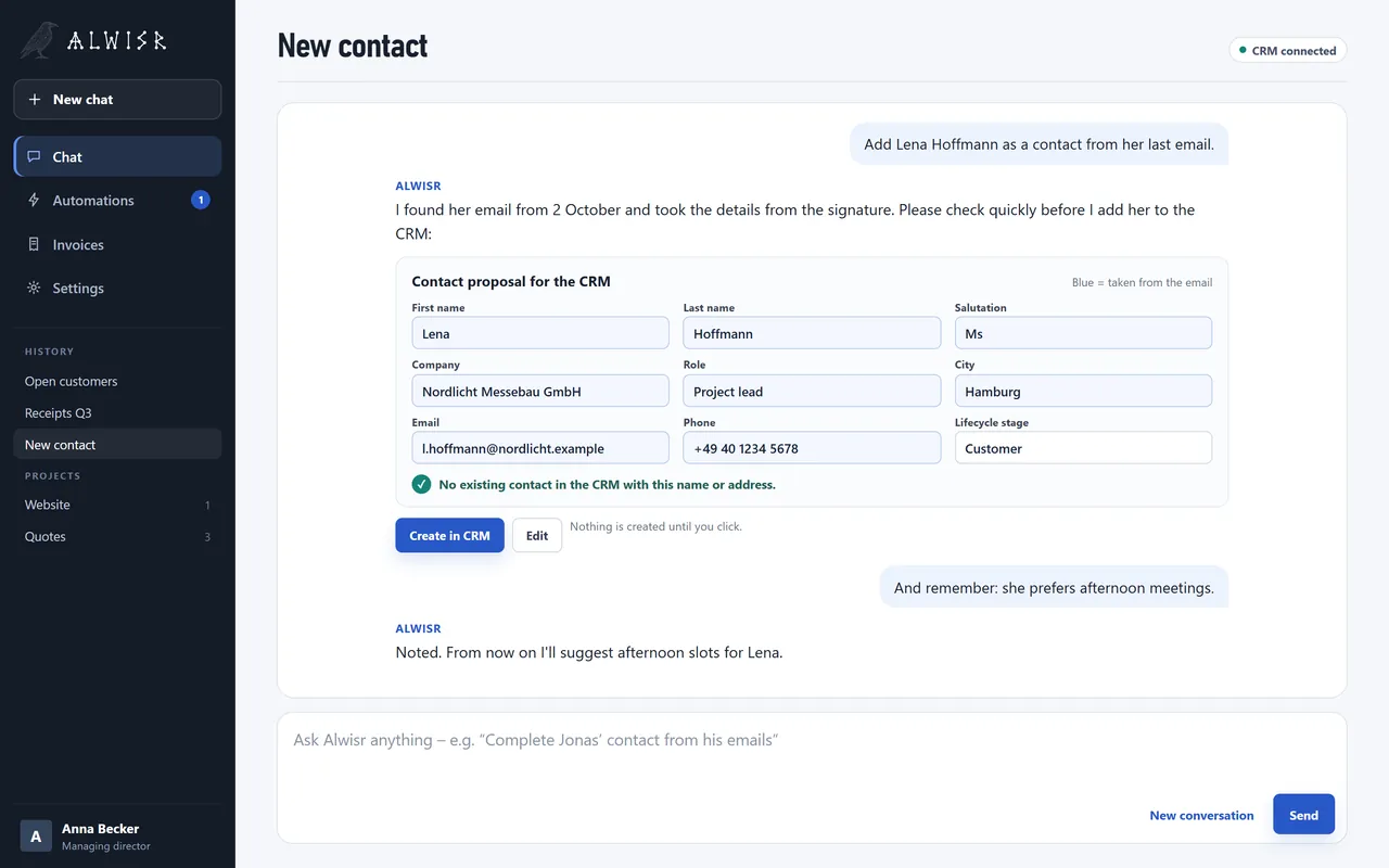 Alwisr: contact suggestion from an email signature with a duplicate check