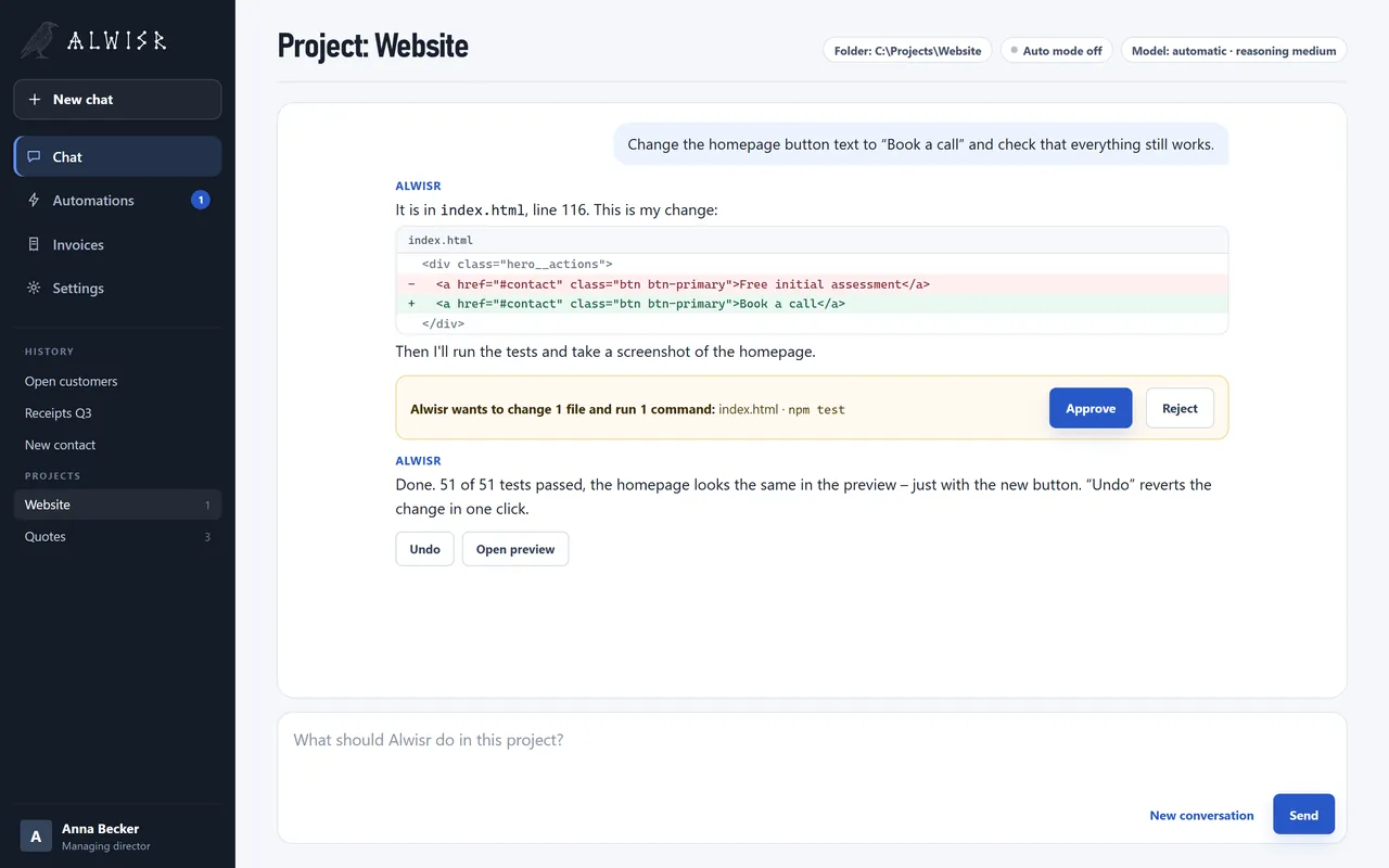 Alwisr: suggested change to a project file with an approval bar for file and command