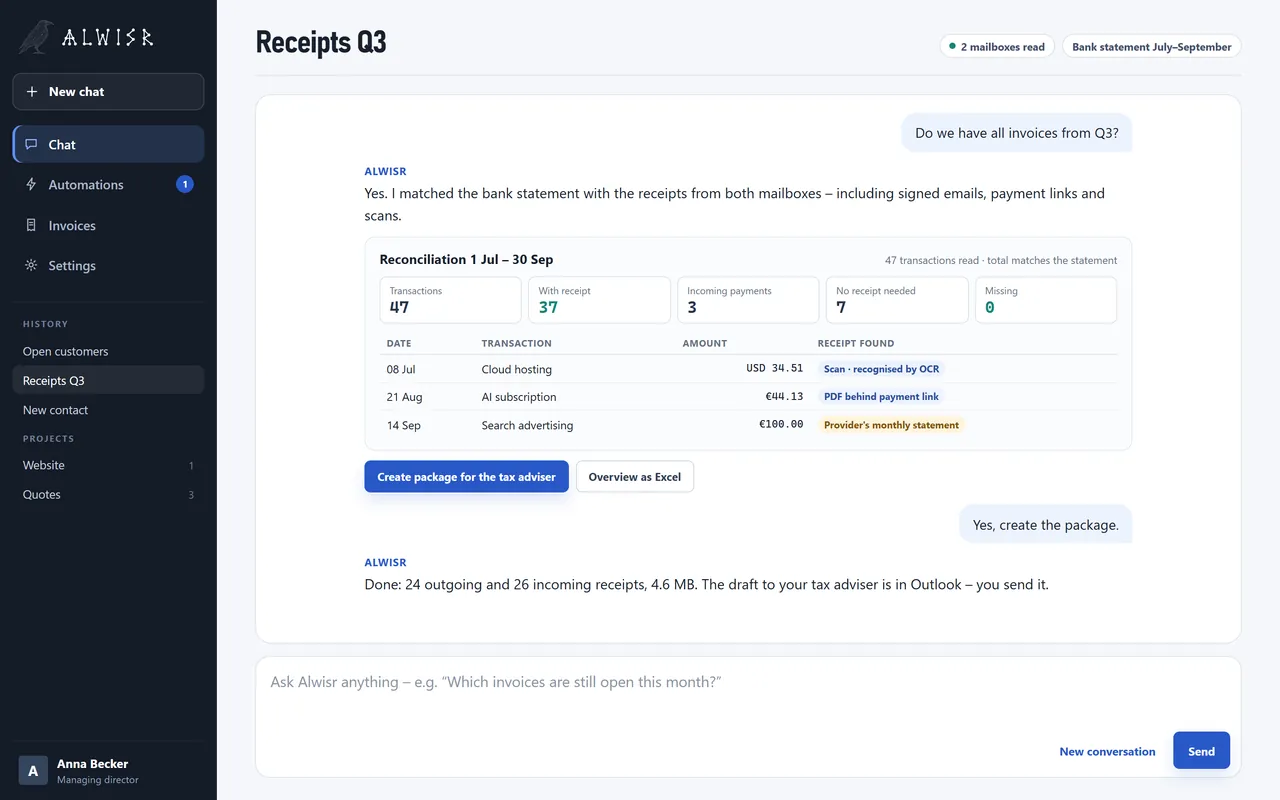 Alwisr: reconciliation of 47 transactions with matched receipts and a button for the tax adviser package