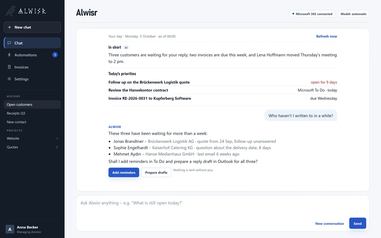 Alwisr: daily overview with open tasks and an answer to who has been waiting for a reply