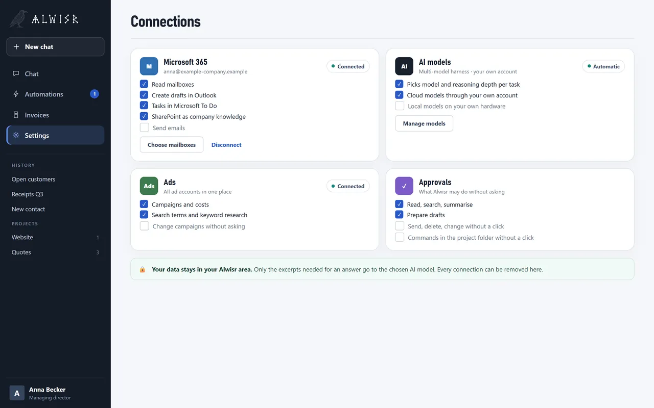 Alwisr: settings page with connections to Microsoft 365, AI models, Google and approval rules