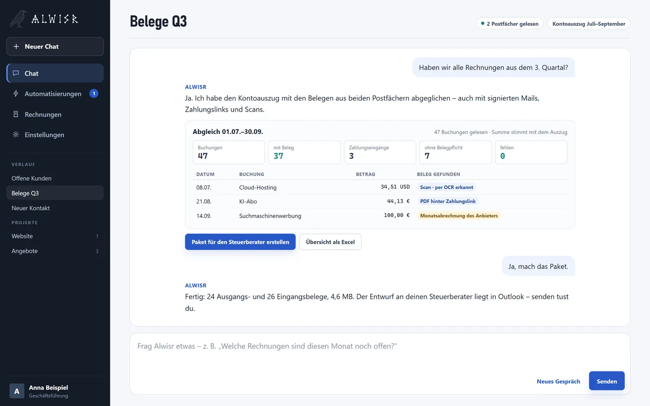Alwisr: Abgleich von 47 Buchungen mit gefundenen Belegen und Schaltfläche für das Paket an die Steuerkanzlei
