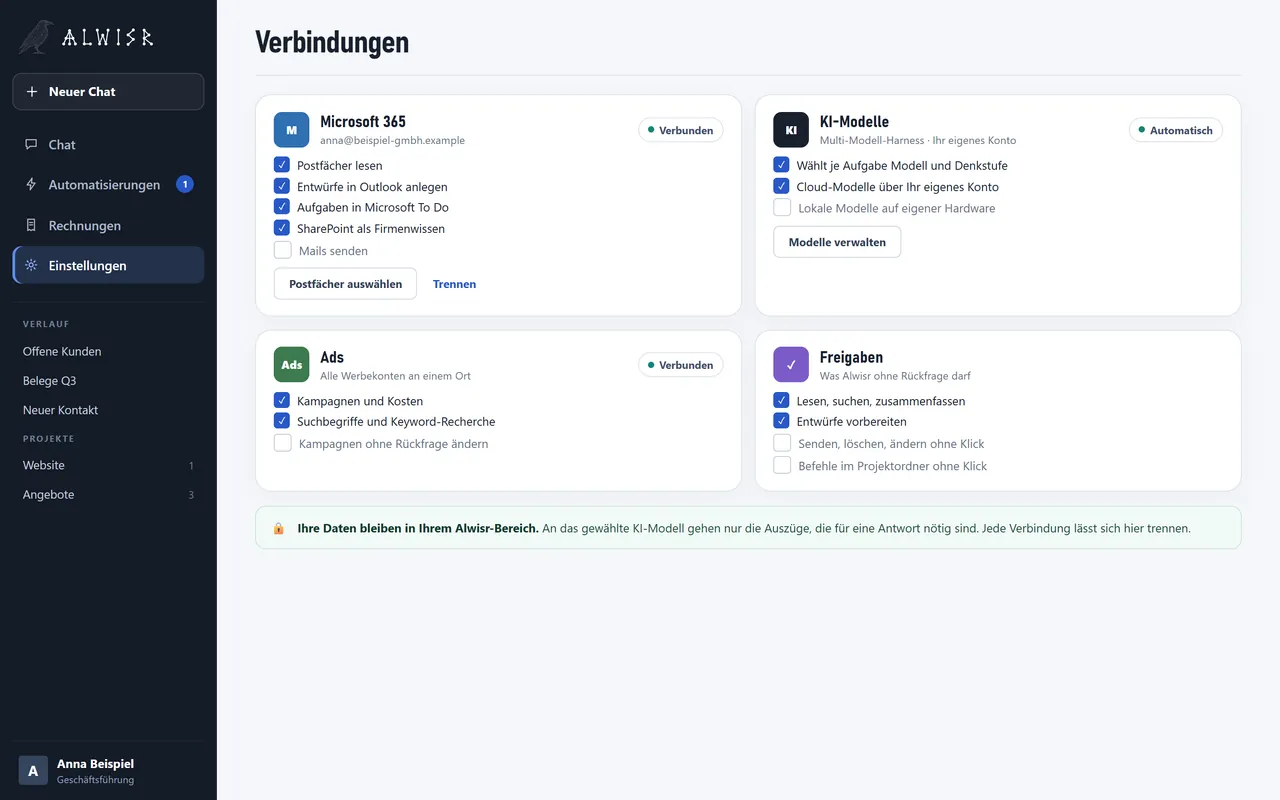 Alwisr: Einstellungsseite mit Verbindungen zu Microsoft 365, KI-Modellen, Google und Freigaberegeln
