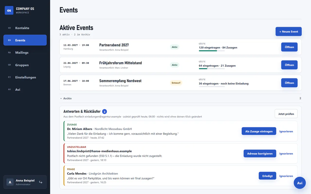 Company OS: Projektübersicht mit Status und erkannten Antworten aus dem Postfach