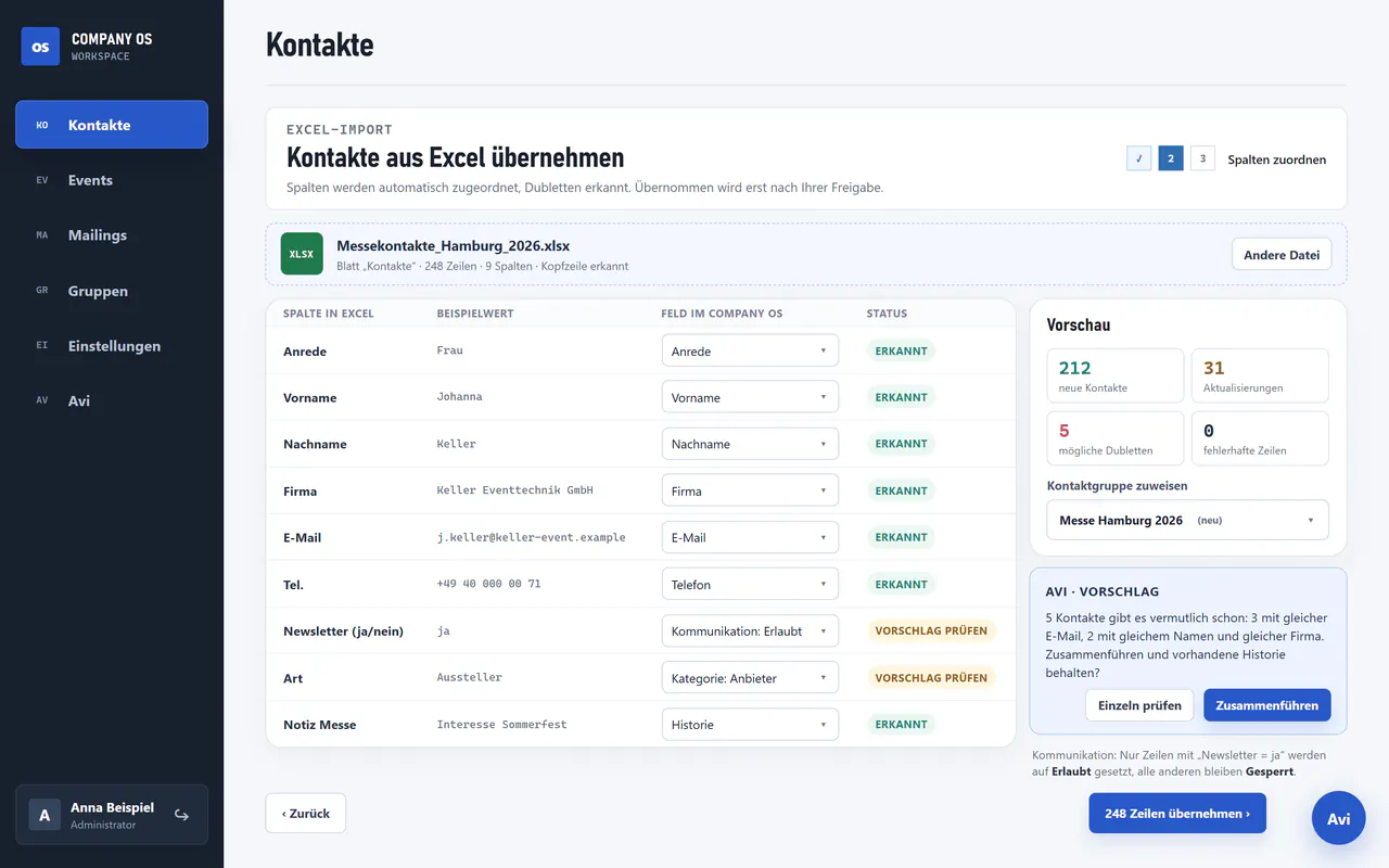 Company OS: Excel-Import von Kontakten mit automatischer Spaltenzuordnung, Importvorschau und Vorschlag zum Zusammenführen von Dubletten