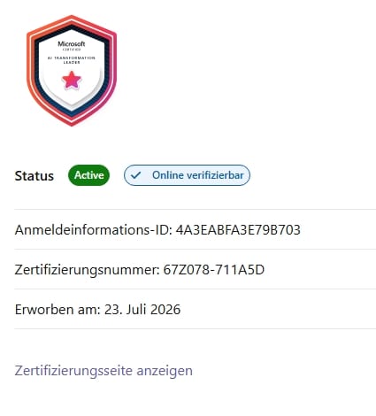 Microsoft Certified: AI Transformation Leader Zertifikat, ausgestellt an Zino Lang, erworben am 23. Juli 2026